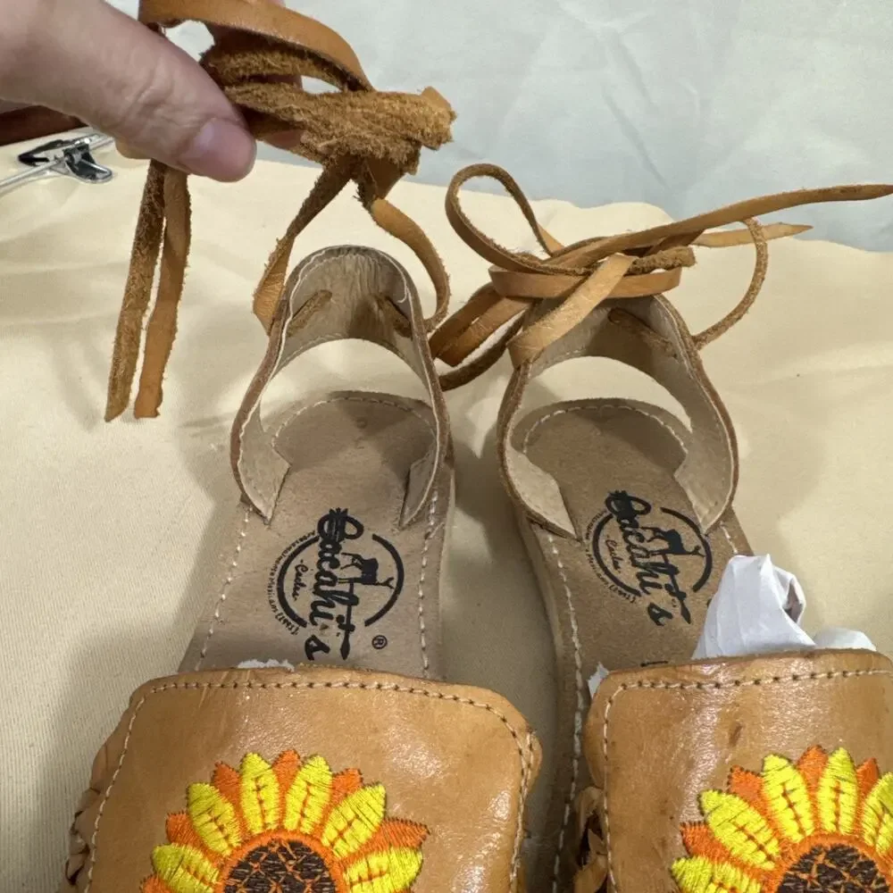 Cacahi’s Youth Size 3 Leather Sunflower Huarache Lace Up Sandals Handmade Boho